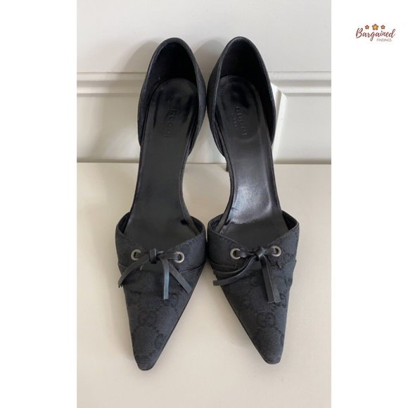 Authentic GUCCI Vintage Black GG Monogram Canvas Leather D'ORSAY Heel Pumps 7.5 - Picture 14 of 15